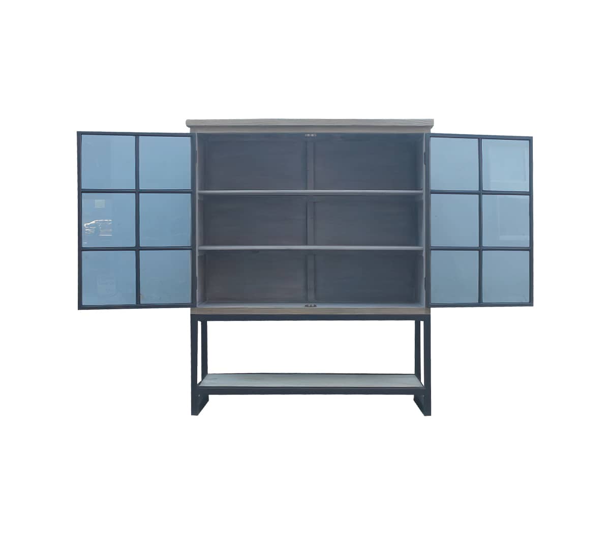 Vitrinekast-met-2-deuren-met-glas-zwart-onderstel